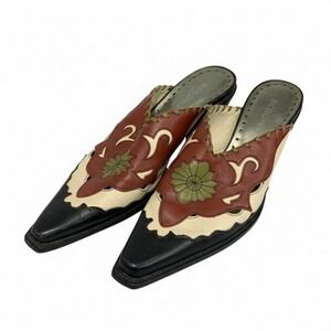 BCBGirls Mules Leather Slip-On Women Size 32‎ EUR Red Cream Black Floral Design